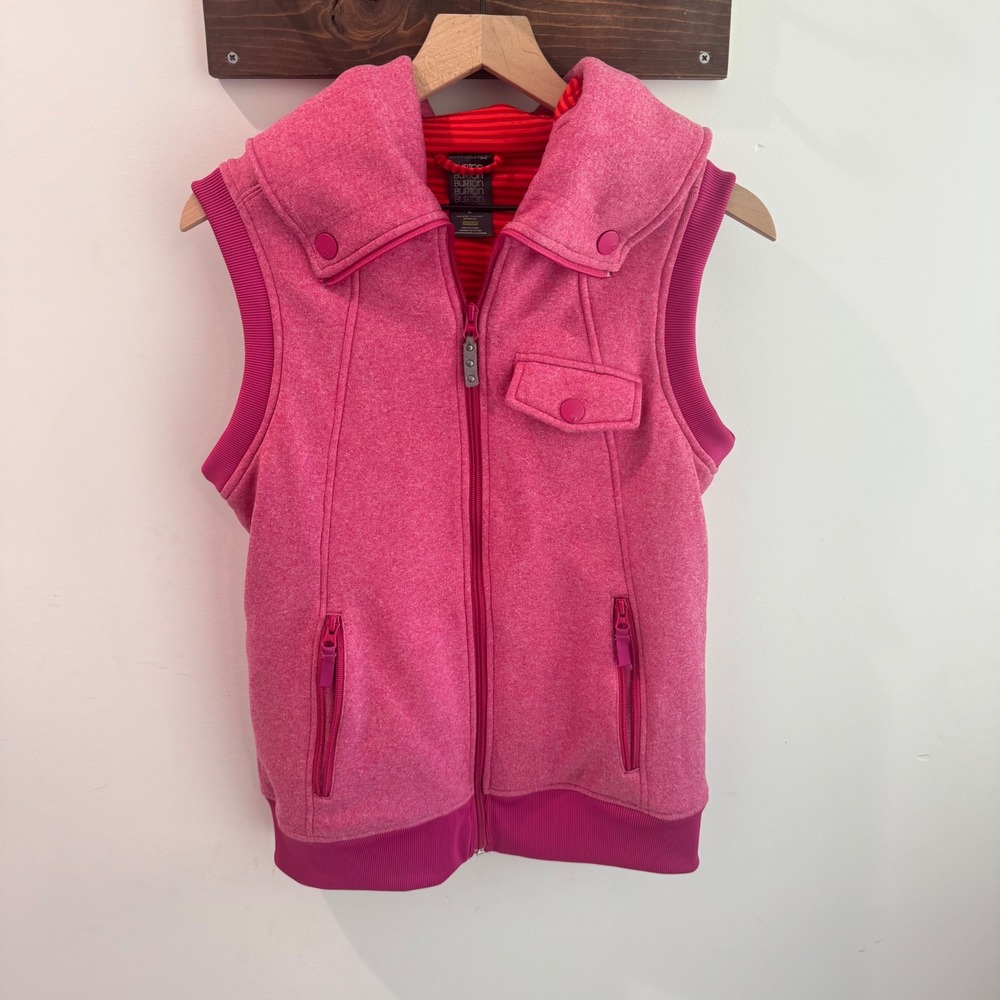 Burton Dryride Pink Fleece Hooded Vest Womens Large Full Zip Striped Lining L